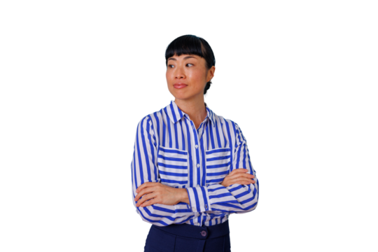 Professional businesswoman holding laptop, smiling, working remotely, standing with transparent background