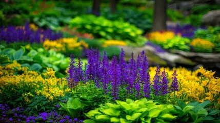 Colorful garden displaying vibrant purple and yellow flowers among lush green foliage in a spring landscape