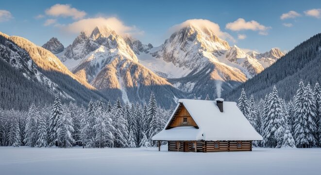 Snow-covered cabin in the mountains during winter with tall peaks and a clear blue sky