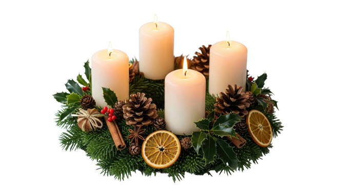 A Christmas wreath with four lit candles, adorned with pine cones, holly leaves, and dried orange slices.