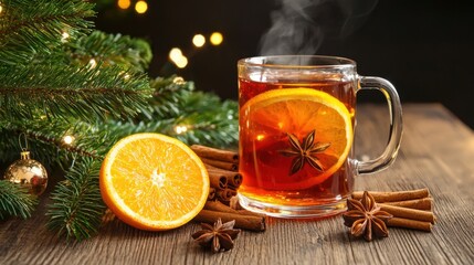 Warm Spiced Tea with Orange Slice and Cinnamon for Holiday Cheer