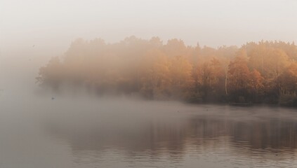 Fototapeta premium Foggy morning at the lake, seasonal change