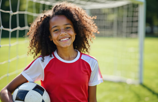 Happy young girl in red uniform smiles holding a soccer ball on a green field. This female athlete is ready for game or practice outdoors, enjoying sport.