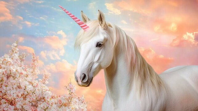 Majestic White Unicorn with Pink Horn Against Colorful Sky Background