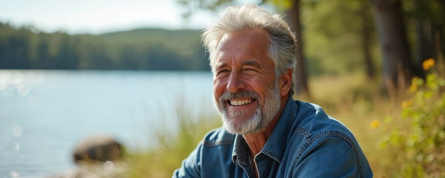 Grey haired man smiles by calm lake shore. Mature person enjoys nature on sunny day, relaxed outdoors. Healthy senior male sits near trees, water in background.