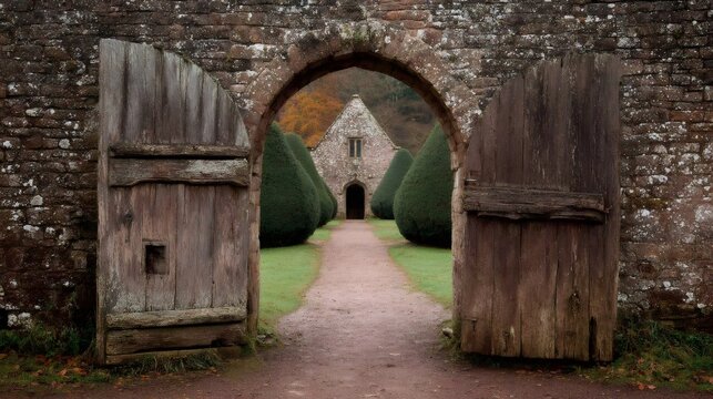 Ancient stone archway creating a path into a tranquil abbey grounds, framed by old wooden gates and sculpted yew trees