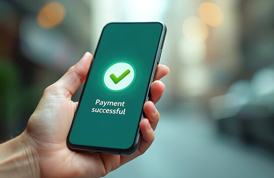 Person holds smartphone with payment confirmation, green checkmark. Mobile banking app shows transaction approval. Online shopping, digital money transfer. Secure electronic payments guarantee