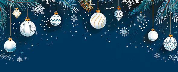 Festive christmas ornaments and snowflakes hanging against a dark blue background