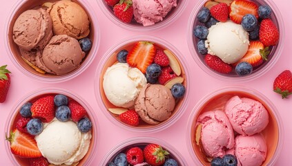Assorted bowls filled with vibrant ice cream scoops featuring diverse flavors and fresh toppings on a pink backdrop, summer treat