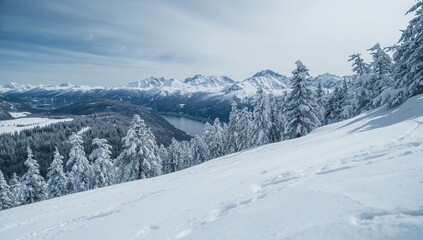 Aerial view of a snowy ski trail bordered by snow-laden pine trees and distant towering mountains, winter sports experience
