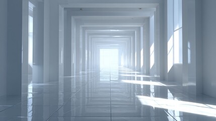 Obraz premium Modern architectural hallway with bright natural light and reflective flooring
