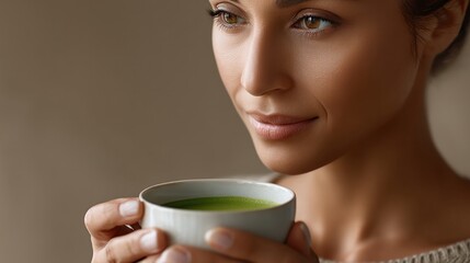 Close up of a woman drinking matcha tea from a white ceramic cup, calm and modern lifestyle scene, soft natural morning light, neutral background