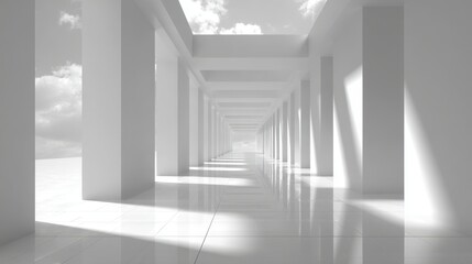 Fototapeta premium Modern white hallway with pillars and natural light, leading to the sky