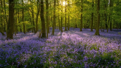 Naklejka premium Sunlight filters through a beech forest filled with vibrant bluebell flowers, showcasing seasonal beauty