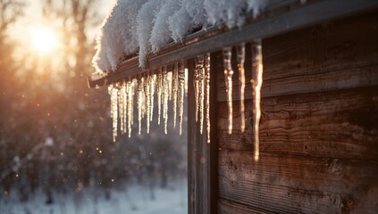 Sunshine brightens icicles hanging from a snowy rooftop beside a wooden wall, seasonal change