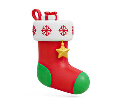 A red and green Christmas stocking with a gold star and a gift box on top.