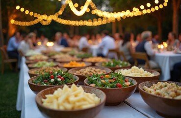 Many people enjoy outdoor evening party. Long buffet table offers fresh salads, pasta, various meals. Golden string lights illuminate festive atmosphere. Guests relax, enjoy dinner, social gathering