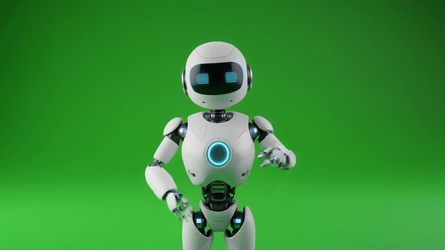 A white humanoid robot with glowing blue eyes and chest stands against a green screen background, posing.