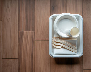 Sustainable picnic set with biodegradable cutlery on wooden floor, perfect for eco-conscious events, outdoor gatherings, and zero-waste campaigns