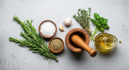 Fresh herbs and ingredients prepared on a kitchen counter for cooking and seasoning dishes