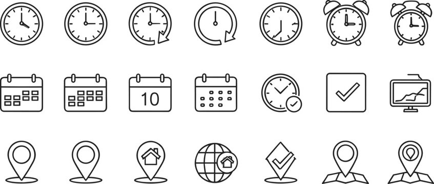 Collection of black outline symbols detailing business logistics, including clocks, recurring time cycles, monthly calendar views, global location tracking, mapping services,