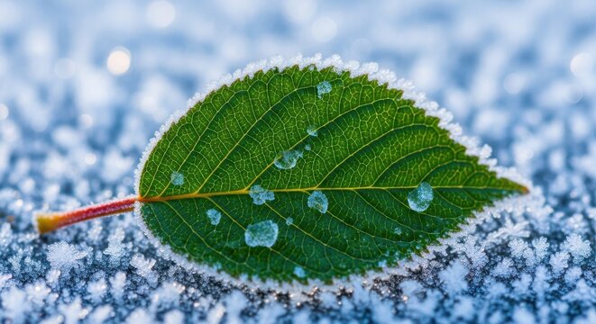 Frost-covered leaf resting on a surface at dawn showcasing intricate ice crystals and glistening water droplets