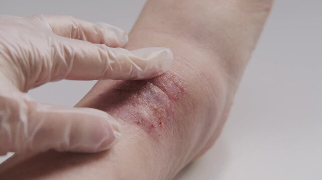 doctor, nurse in gloves examine wound on leg, close-up injured female limb with damaged reddened skin, scratches, trophic wound, chronic condition, dermatological disorder, skin problem, affected area