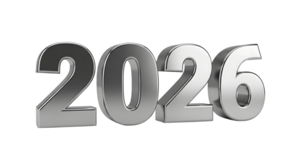 Silver 3d number 2026 isolated on transparent background