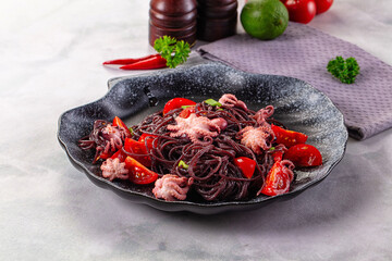 Gourmet black spaghetti with octopus
