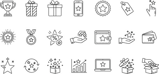 Fototapeta premium E-commerce vector line icon collection illustrating digital customer loyalty rewards, mobile app star ratings, promotional gifts, and points accumulation for online shopping 