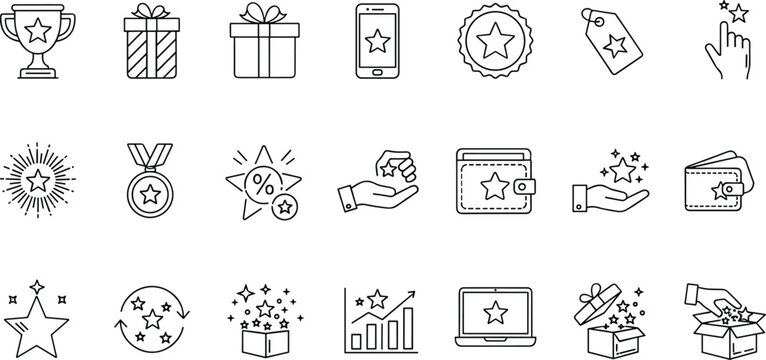 E-commerce vector line icon collection illustrating digital customer loyalty rewards, mobile app star ratings, promotional gifts, and points accumulation for online shopping 