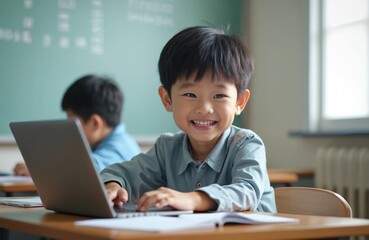 Young Asian boy smiles using laptop in classroom. Child learns digitally at desk with books. Student engaged in modern education. Future tech learning. Boy studies.
