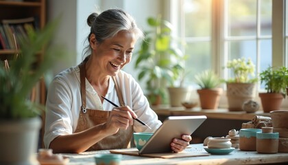Happy senior woman paints pottery in workshop. Smiles working on ceramic bowl with brush. Digital tablet assists creative art hobby. Aged artist enjoys craft studio time. Learns new design tech,