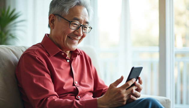 Happy senior Asian man with glasses using smartphone. Elderly male smiles while browsing mobile device at home. Mature person enjoys tech in casual attire. Modern lifestyle portrait inside.