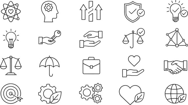 Minimalist illustrations for a business integrity report, featuring icons for gears and intelligence, scales of justice, umbrella protection, briefcase, mutual trust handshake