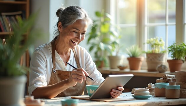 Happy senior woman paints pottery in workshop. Smiles working on ceramic bowl with brush. Digital tablet assists creative art hobby. Aged artist enjoys craft studio time. Learns new design tech,