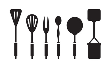 Black Silhouettes of Various Kitchen Utensils on White Keywords: kitchen, utensils, cooking