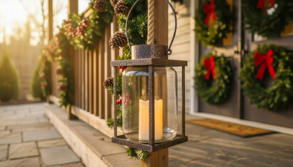 Warm glow of a candle lantern on a porch decorated for christmas with garlands and wreaths, evoking a cozy holiday atmosphere
