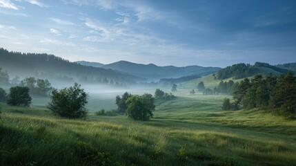 Fototapeta premium Scenic misty valley landscape with rolling hills and lush green meadows