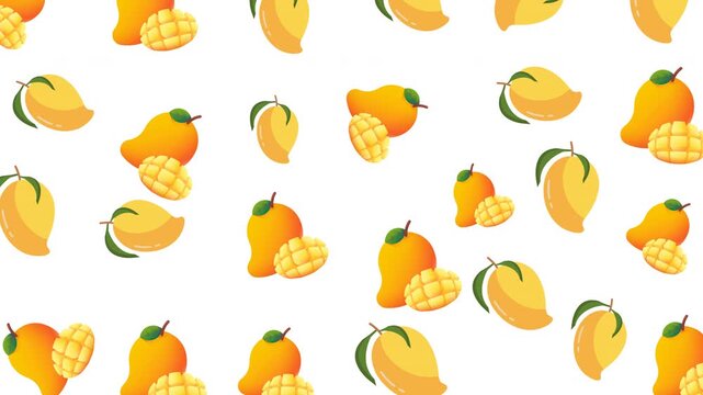A seamless pattern of cute cartoon mangoes, both whole and sliced, arranged on a transparent background. Perfect for summer-themed designs, stationery, textiles, packaging, and tropical 
