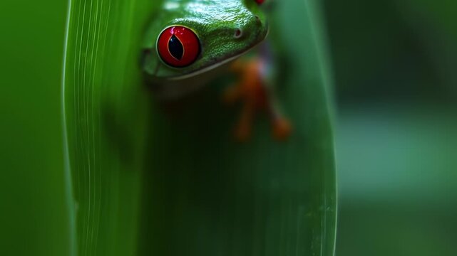 Close-up of a vibrant green tree frog nestled within a lush green leaf