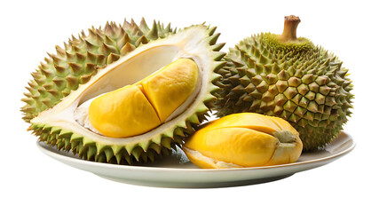 Fototapeta premium Fresh durian fruit, a whole and a halfcut durian showing its creamy yellow flesh and seeds, placed on a white plate, isolated on transparent background