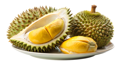 Fresh durian fruit, a whole and a halfcut durian showing its creamy yellow flesh and seeds, placed on a white plate, isolated on transparent background