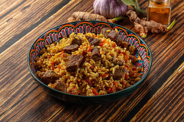 Asian traditional pilaf with beef