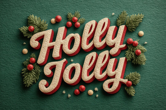 Christmas Holly Jolly typography with mistletoe bunches and red bows on a deep pine green backdrop
