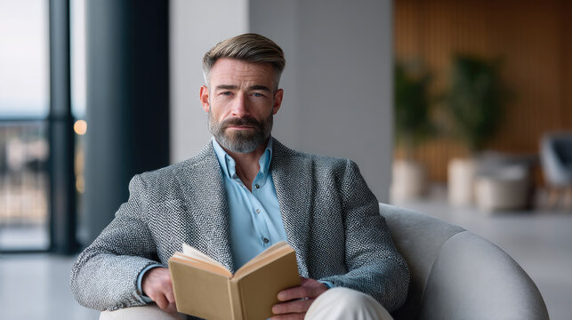 a 30 year old business professional in smart casual reading a small book with real focus and curiosity, seated relaxed yet intentional, in modern warm office lounge