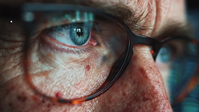 Close up of an old mans eye wearing glasses with reflections.