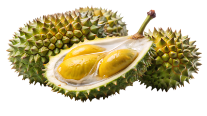 A ripe durian fruit, cut in half to reveal its creamy yellow flesh and seeds, isolated on transparent background