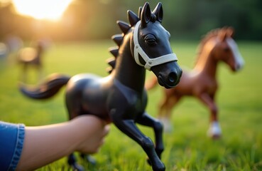 Obraz premium Children enjoy hobby horsing competition outdoors on sunny summer day. Hand guides black toy horse another brown one races nearby. Youngsters practice equestrian skills with plush animal models in