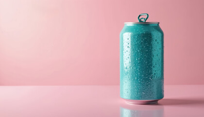 Shiny turquoise soda can with condensation on pink background. Can with water drops. Cold refreshing drink. Turquoise metallic can with pink wall.